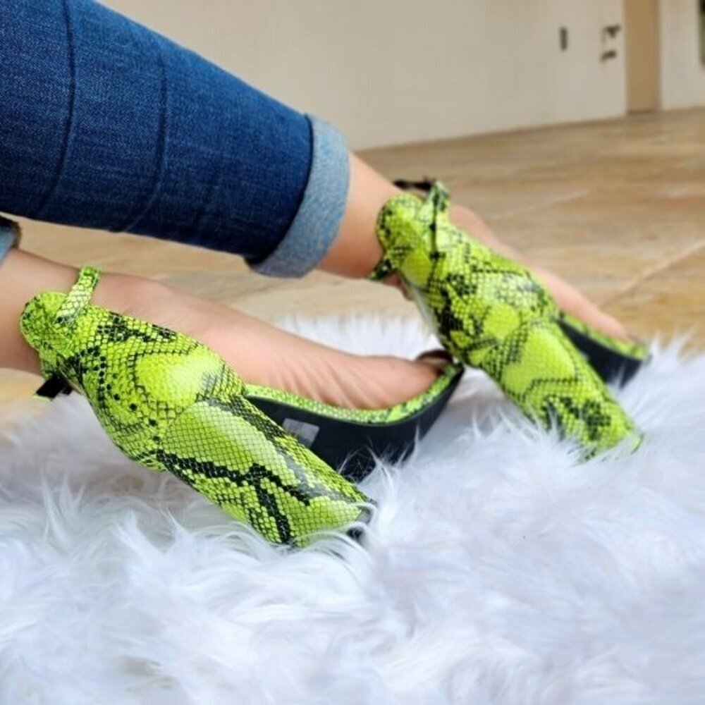 Neon Snakeskin Chunky Heel Sandals Women's Ankle Strap Open Round Toe Padded - Picture 6 of 6